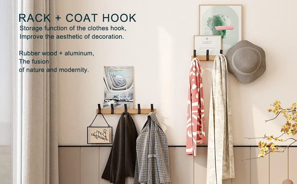 Description Picture 2 of itemNordic Wall Mounted Coat Rack with Movable 5 Hooks Aluminum Clothing Rail for Hat Towel Robes Wooden Hanger Perchero Furniture