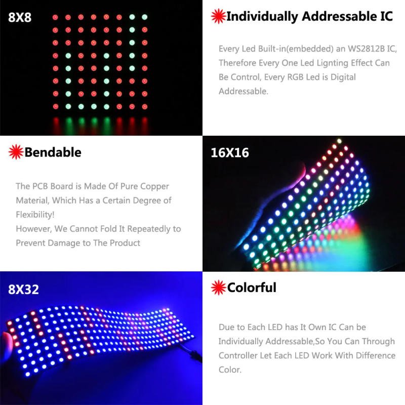 Description Picture 3 of item1~5Pcs WS2812B 16X16 RGB LED Digital Flexible Individually Addressable Panel Light Strip WS2812 8X8 8X32 Module Matrix Screen 5V