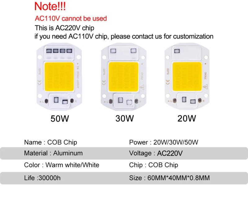 Description Picture 4 of item1/PCS COB Chip 10W 20W 30W 50W 220V LED Smart IC No Need Driver 3W 5W 7W 9W LED Bulb Lamp for Flood Light Spotlight Diy Lighting