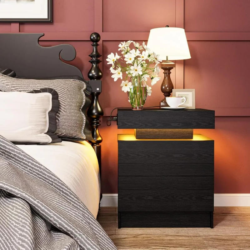 Description Picture 3 of itemModern Black Nightstand with LED Light and Drawers, Bedside Tables/End Table for Bedroom