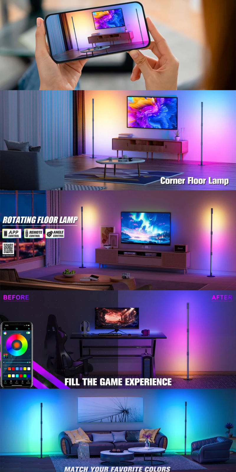 Description Picture 2 of item12V RGB Led Floor Lamp Colorful Atmosphere Wall Lamp Rotatable Corner Lamp Bedside Decorate Floor Reading Lights