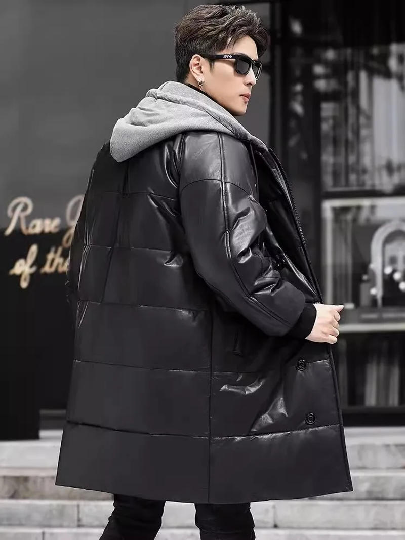 Description Picture 4 of itemWinter New Men Hooded Long Genuine Leather Down Jacket Loose Fit Single Breasted Business Work Warm Overcoat Cowhide Trench Coat