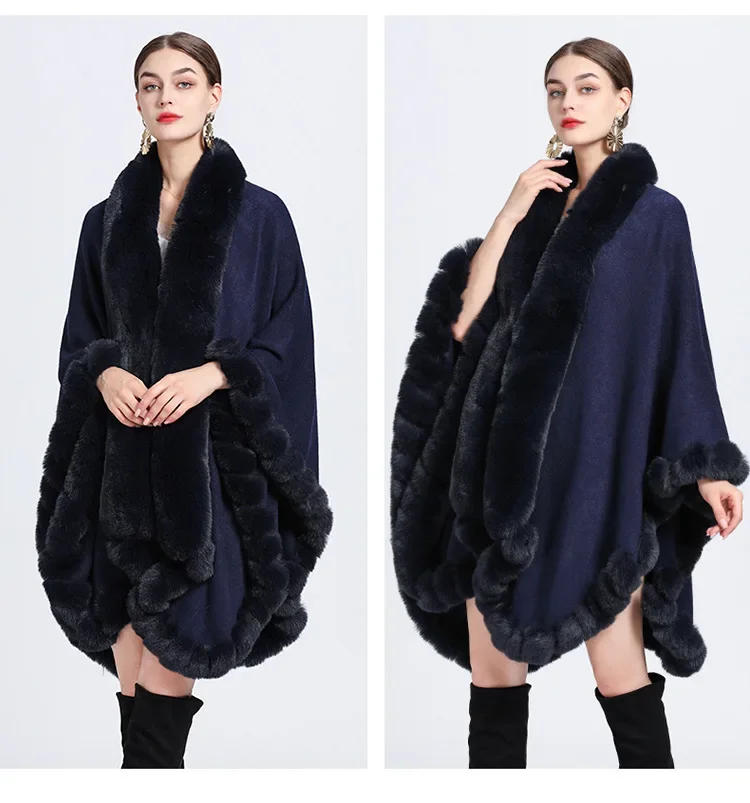 Description Picture 6 of item12 Colors Women Big Faux Rabbit Fur Neck Winter Shawl Cloak Thick Warm Long Out Streetwear Big Pendulum Poncho Capes Loose Coat
