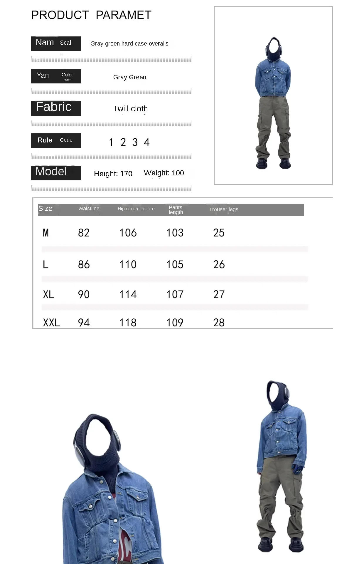 Description Picture 3 of itemGray Green Large Pocket Knee Double Pleated Design Loose Casual Straight Pants Men's Wrapping Washed Cargo Pants Outdoor Pants