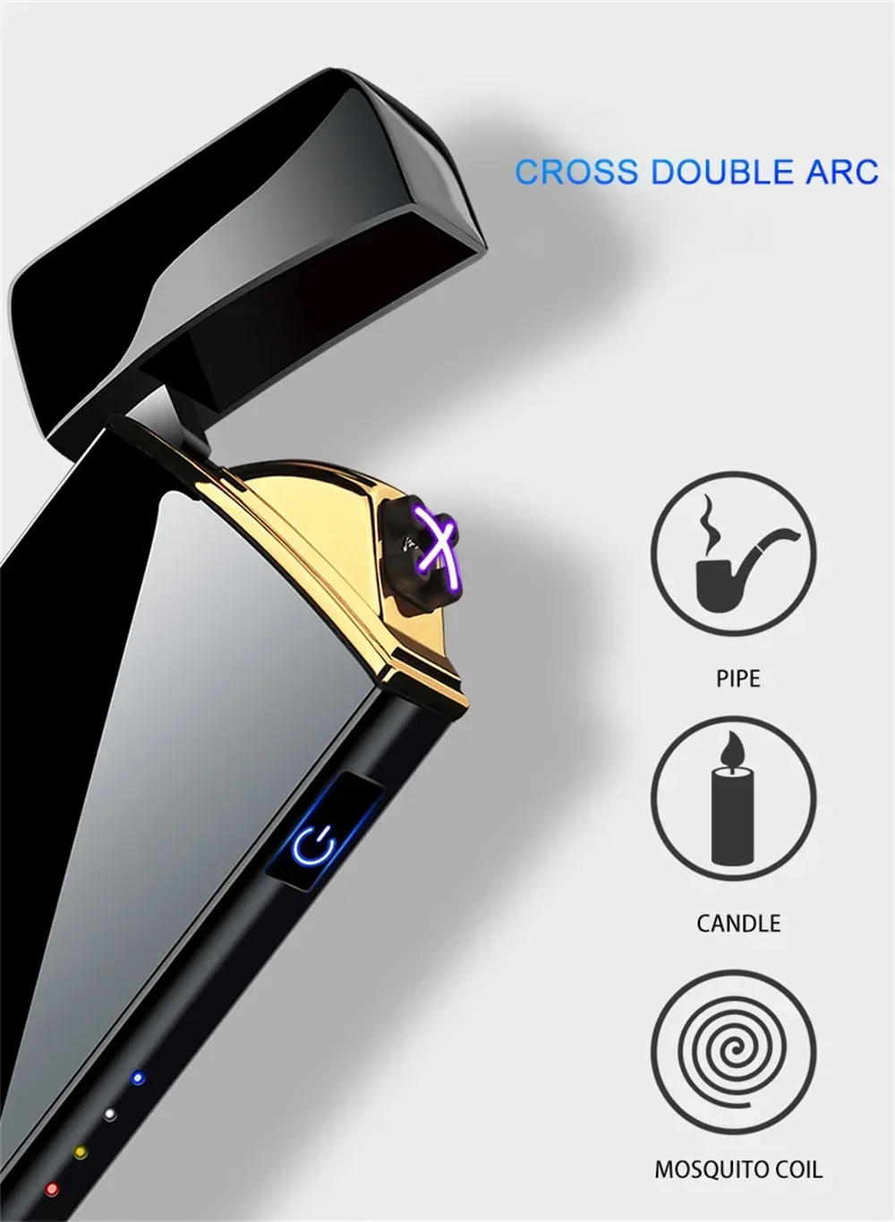 Description Picture 3 of item2025 Electric Windproof Metal Lighter Double Arc Flameless Plasma Rechargeable USB Lighter LED Power Display Touch Lighters Gift