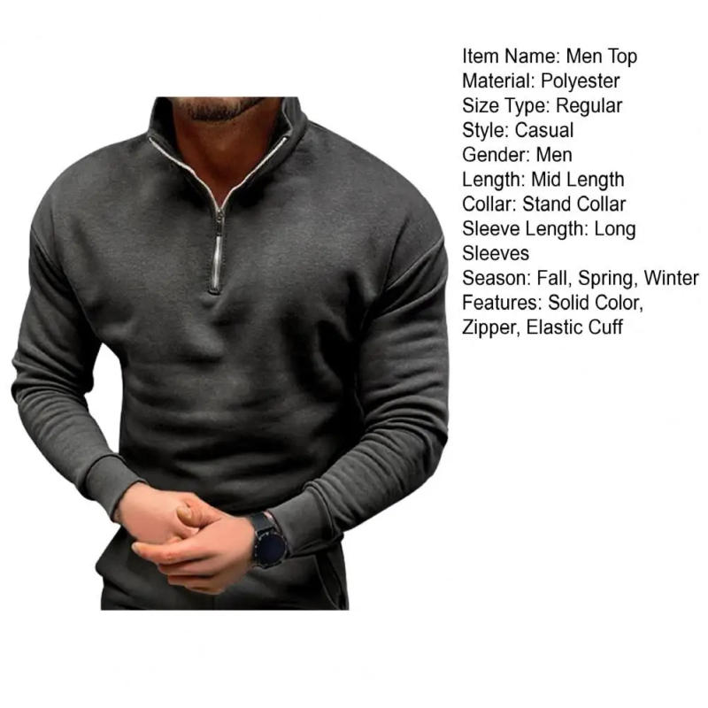 Description Picture 2 of itemSoft Men Top Men Top Men's Windproof Fleece Pullover with Stand Collar Zipper Long Sleeve Casual Warm Shirt for Fall Spring