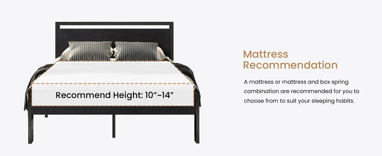 Description Picture 6 of itemInch Queen Size Metal Platform Bed Frame with Wooden Headboard and Footboard, Mattress Foundation, No Box Spring N