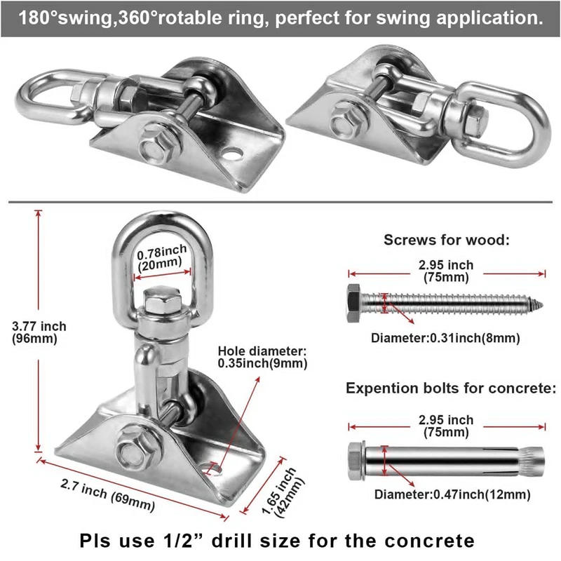 Description Picture 4 of itemSUS304 Heavy Duty Punch Bag Swing Swivel Hangers Hook for Outdoor Patio Yoga Hammock Hanging Chair Sandbag 360° Rotating Black