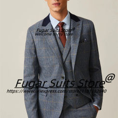 Tailor Made Gray Plaid Elegant Men Suits Slim Fit Peak Lapel Classic Tuxedos 3Pieces Sets Office Work Male Blazers Costume Homme