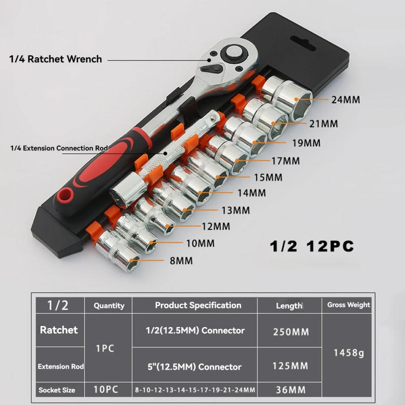 Description Picture 3 of item12pcs Socket Ratchet Handle Wrench Set 1/4 1/2 Spanner Kit With Extension Rod and 10 Common Sockets Car Repair Hand Tools