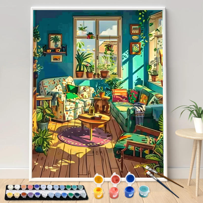 Description Picture 3 of itemHand Painting Living Room Balcony Under Warm Sunshine Landscape Paint By Numbers Kit DIY Artwork Canva Art Home Decoration Gift