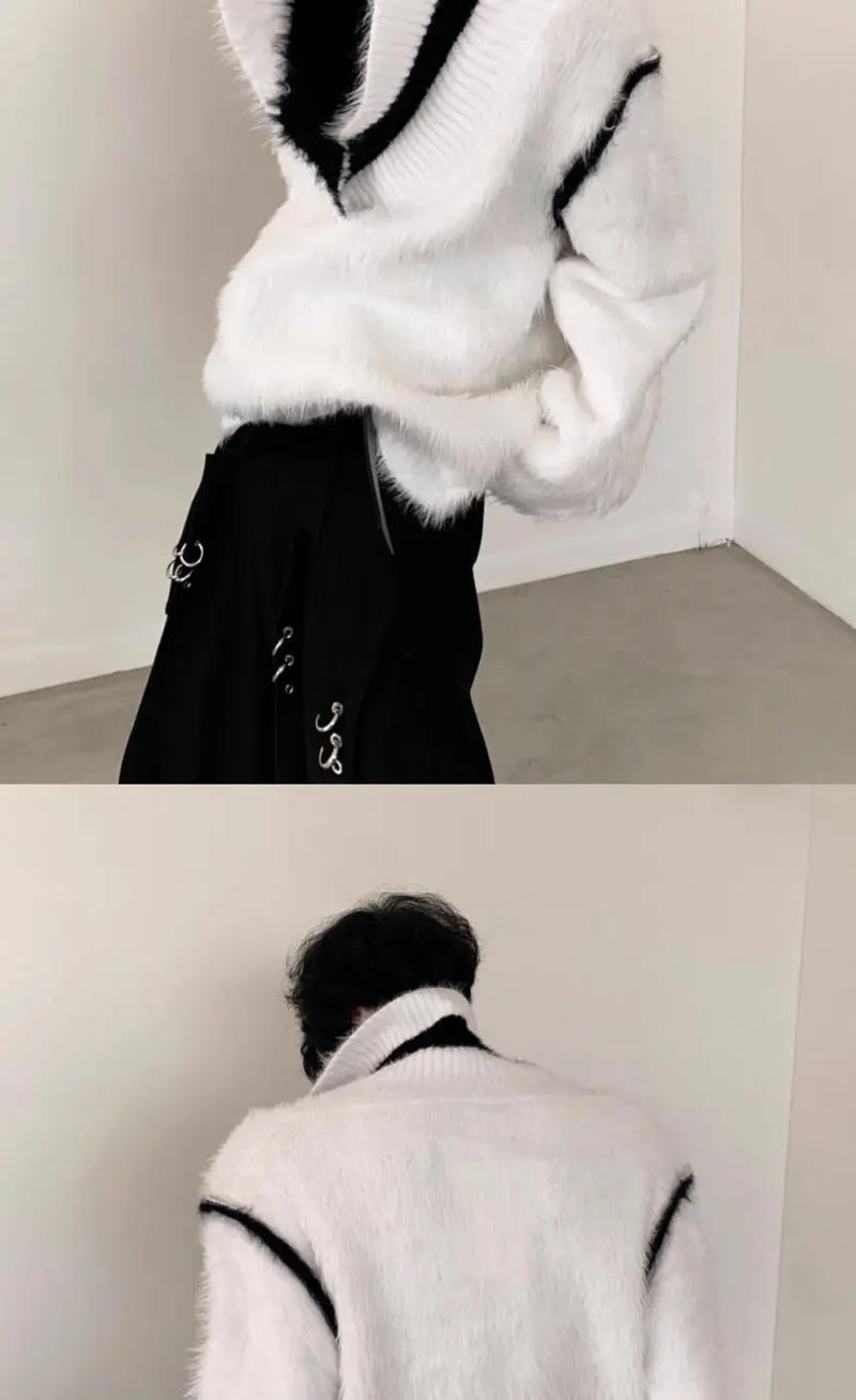 Description Picture 6 of itemVintage Plush Jumper For Men Winter V-neck Design Oversized Knit Sweater Trend Mens Clothing Couple Solid Sueteres Para Hombre