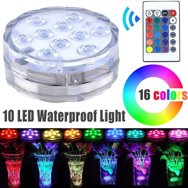 Description Picture 2 of item10 LEDs Submersible Light with Remote Control Battery Powered Underwater Night Lamp for Pool Vase Bowl Wedding Party Decoration