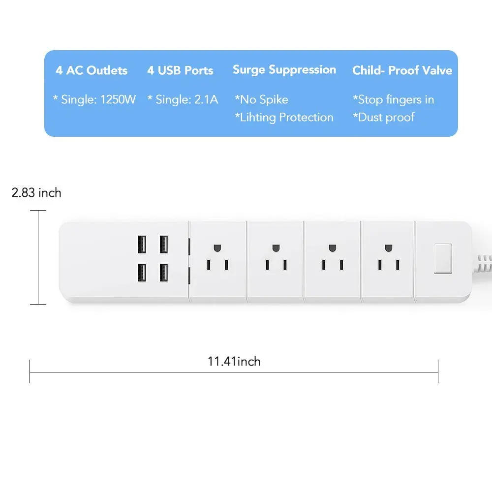 Description Picture 6 of itemWiFi Smart Tuya Power Strip USB Surge Protector 4 US Outlet Plug Socket 1.8m Extension Cord Remote Control by Alexa Google Home