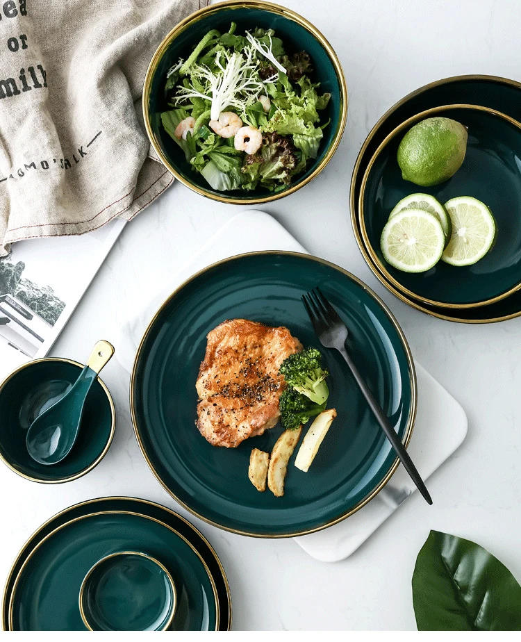 Description Picture 2 of itemGreen Ceramic Gold Inlay Plate Steak Food Plate Nordic Style Tableware Bowl Ins Dinner Dish High End Porcelain Dinnerware Set