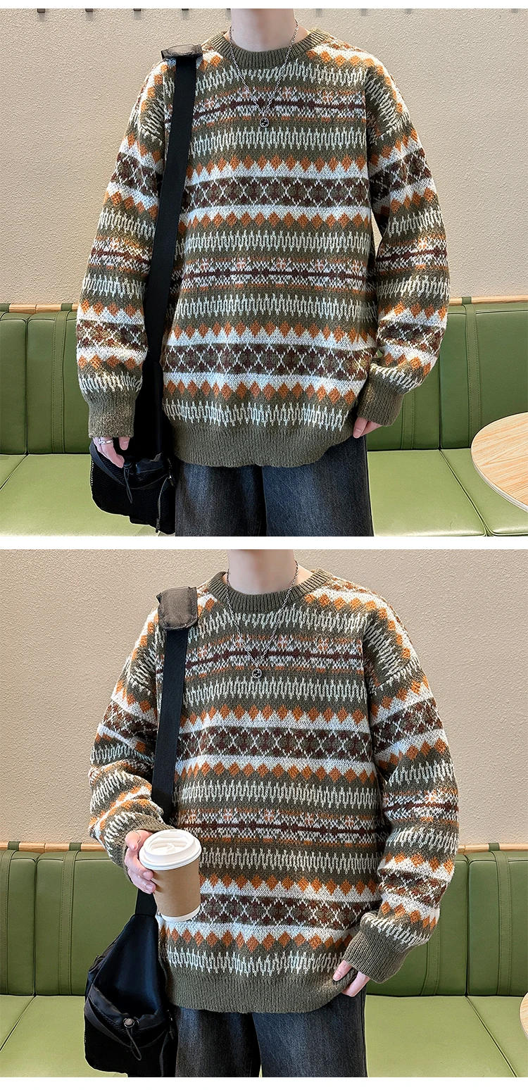 Description Picture 4 of item2024 Men Spring Autumn Korean Fashion Jacquard Sweater Tops Male Loose Striped Pullover Top Mens O-neck Knitted Jumpers S121