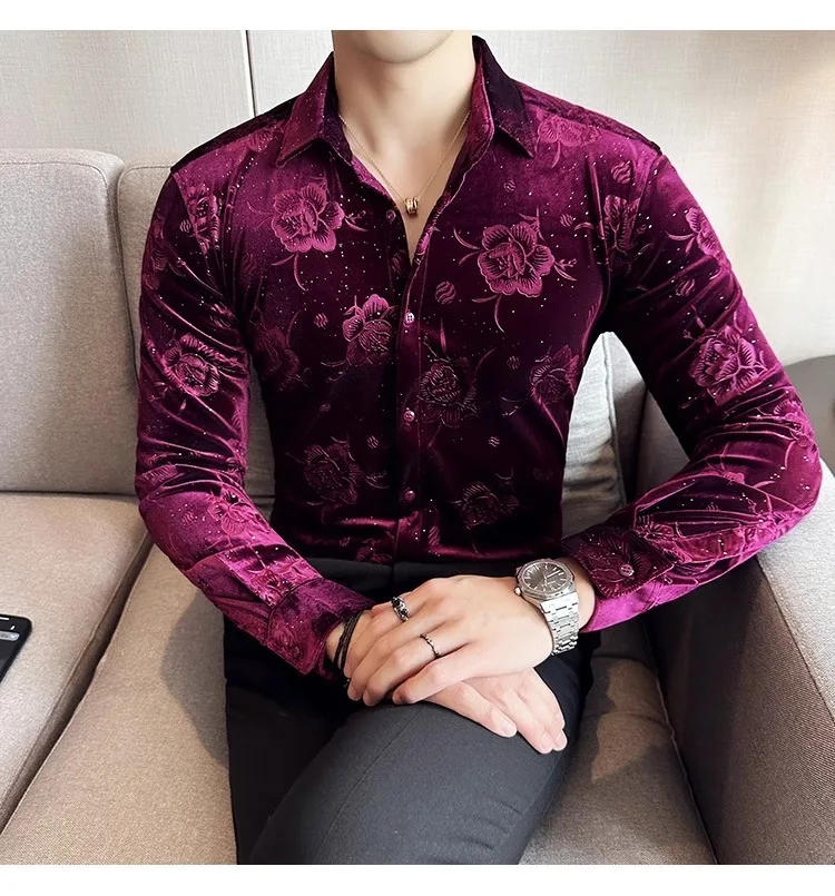 Description Picture 5 of itemLuxury Print Velvet Men Shirts Spring Long Sleeve Slim Casual Business Dress Shirt Social Party Streetwear Tuxedo Blouse 2024