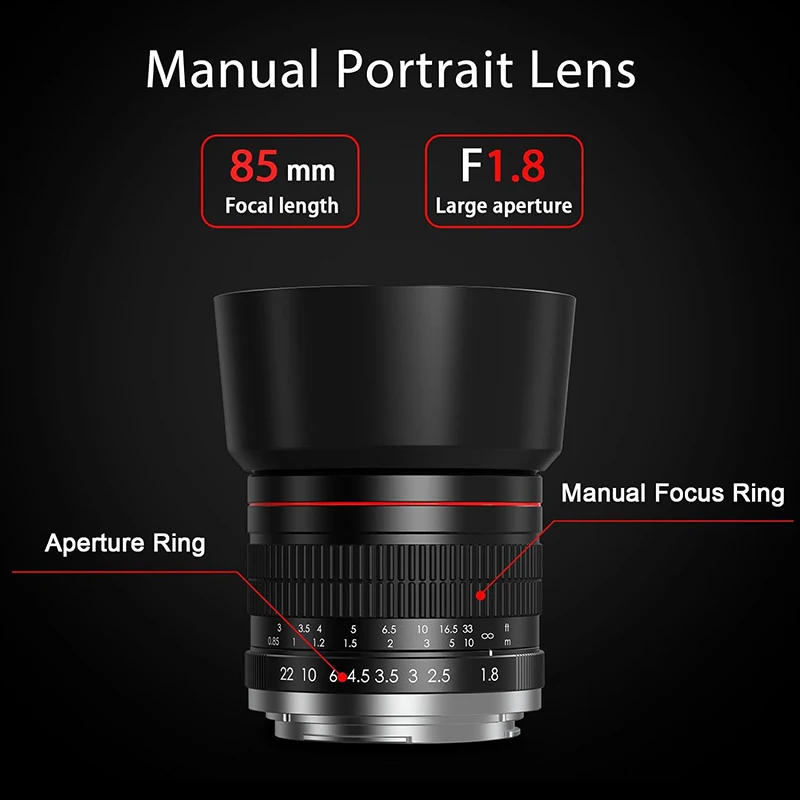 Description Picture 3 of itemLightdow 85mm f1.8 Portrait Lens for Nikon DSLR Iconic Brand EOS Rebel T8i T7 T6 T6s SL3 SL2 90D 80D 77D 4000D 6D Iconic Brand E mount Cameras