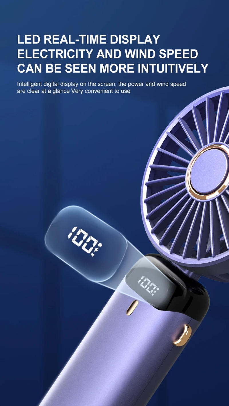 Description Picture 6 of item2024 Top Selling 5000mAh Rechargeable Handheld Fan Portable Air Conditioner 90° Folding Mini Fan with 5 Gears LED Display Screen