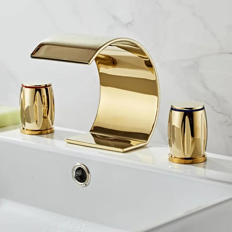 Description Picture 3 of itemBasin Total Brass Gold Deck Mounted Bathroom Sink Faucets 3 Hole Double Handle Hot And Cold Waterfall Faucet Water Tap