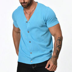 Men's V-neck Cardigan Casual Solid Color Short Sleeved Elastic Slim Fit Sweater Spring/summer Fashionable Knitted Sweater