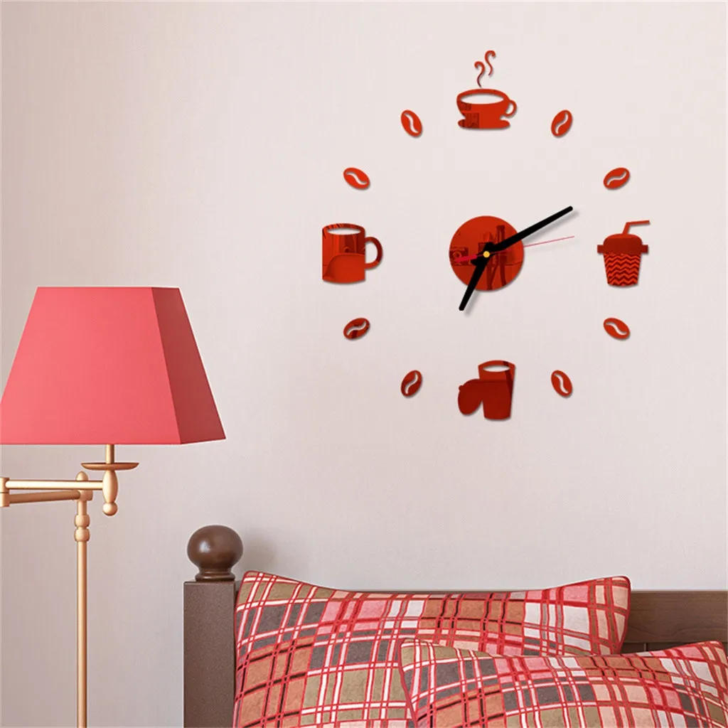 Description Picture 6 of itemDIY Large Wall Clock Frameless Giant Clocks Mirror Sticker Modern Design Cafe Coffee Milk Drinking Cup Wall Decor For Kitchen