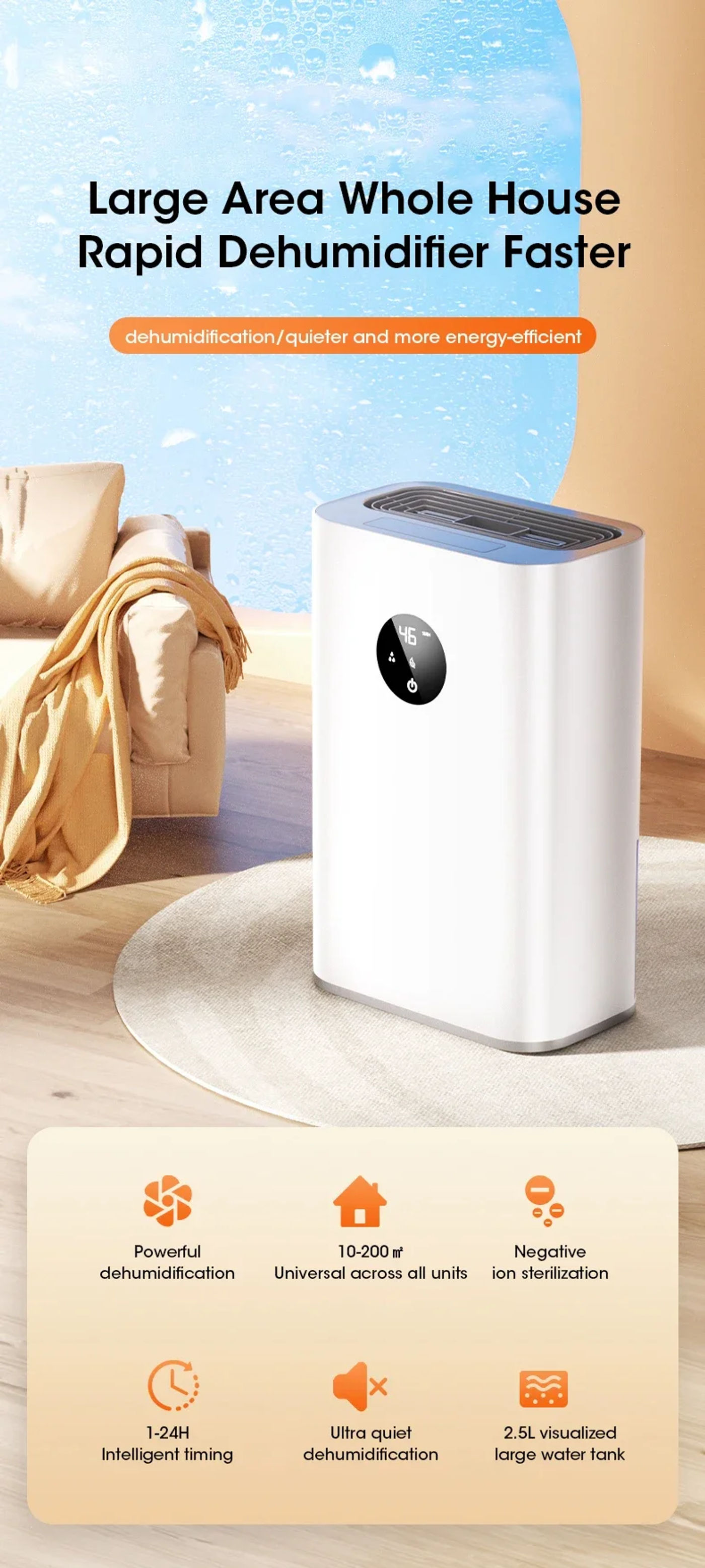 Description Picture 2 of item2.5L Smart Dehumidifier 24H Timer Dehumidifier, Large capacity For Home Basement And Bedroom Eliminate Damp Mold and Moisture