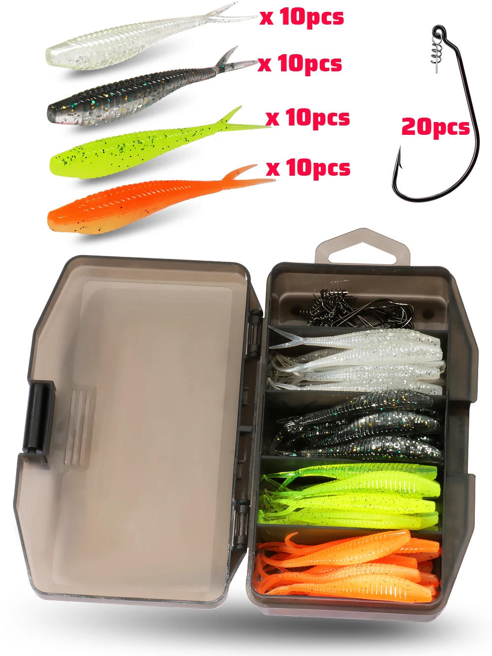 Description Picture 3 of item61 Pieces Set Soft Lure Bionic Fish 7cm V Tail Worm Crank Curved Hook Fishing Tackle Box Metal Jig Bait Pesca Gear Swimbait Kit