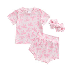 Little Girls Summer Sets Short Sleeve Bow Floral Print Tops Shorts Headband Sets