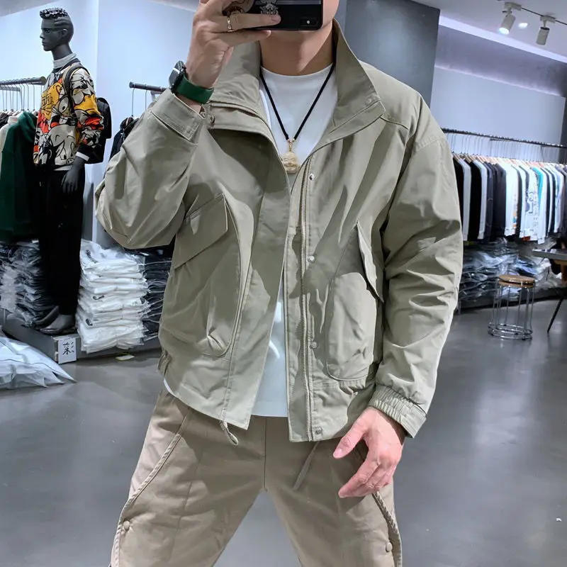 Description Picture 4 of item2024 Spring Autumn Workwear Jackets Men's Trendy Thin Jackets Men's Korean Fashion Loose Solid Color Stand Collar Clothes Chic