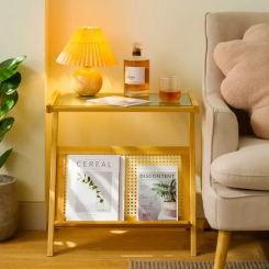 Z Shaped Coffee Tables Small Side Table Household Sofa Side Desk For Living Room Bamboo End Table With Glass Top  Magazine Rack