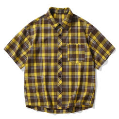 Men'S Short Sleeved Fashionable Vintage Plaid Printed Shirt Summer Vacation Beach Check Shirt Button Down Half Sleeved Top