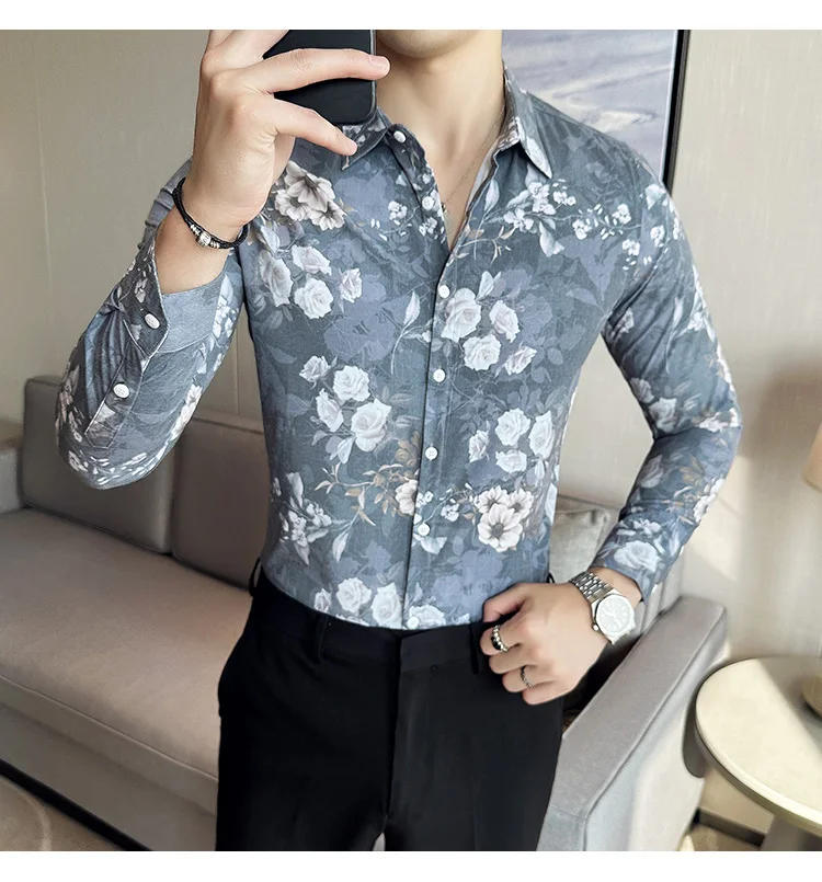 Description Picture 4 of itemBritish Floral Shirt for Men Long Sleeve Slim Fit Casual Shirts Fashion Business Formal Dress Shirts Social Party Tuxedo Blouse