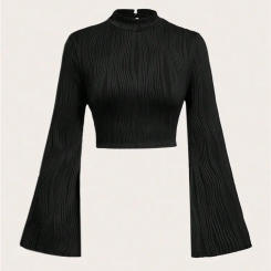 Casual Black Mock Neck Flare Long Sleeve Crop Top Women Fall Winter Y2K Clothes Solid Color Slim Fit Tee Shirt Blouse Streetwear