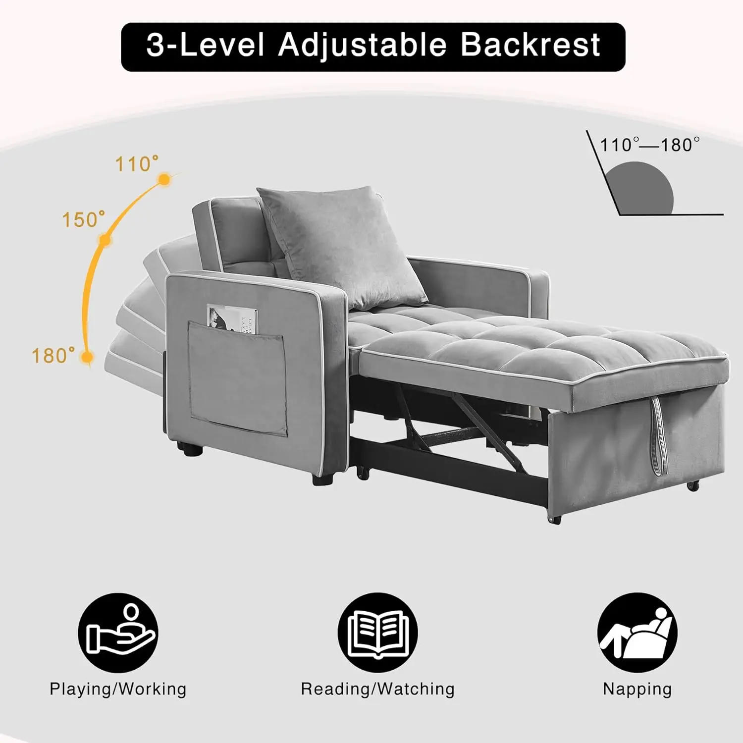Description Picture 4 of item3 in 1 Sleeper Chair Bed, Convertible Sofa Bed with Side Pocket,Adjustable Backrest ,Chair Bed Sleeper for Adults in Living Room