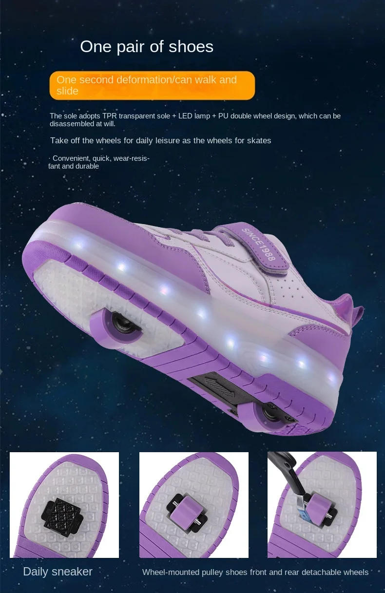 Description Picture 3 of itemNew Roller Skate Shoes Kids Sneakers Luminous USB Charge Four Wheels Sports Board Shoes Illuminated Shoes Boys Girls Roller Shoe