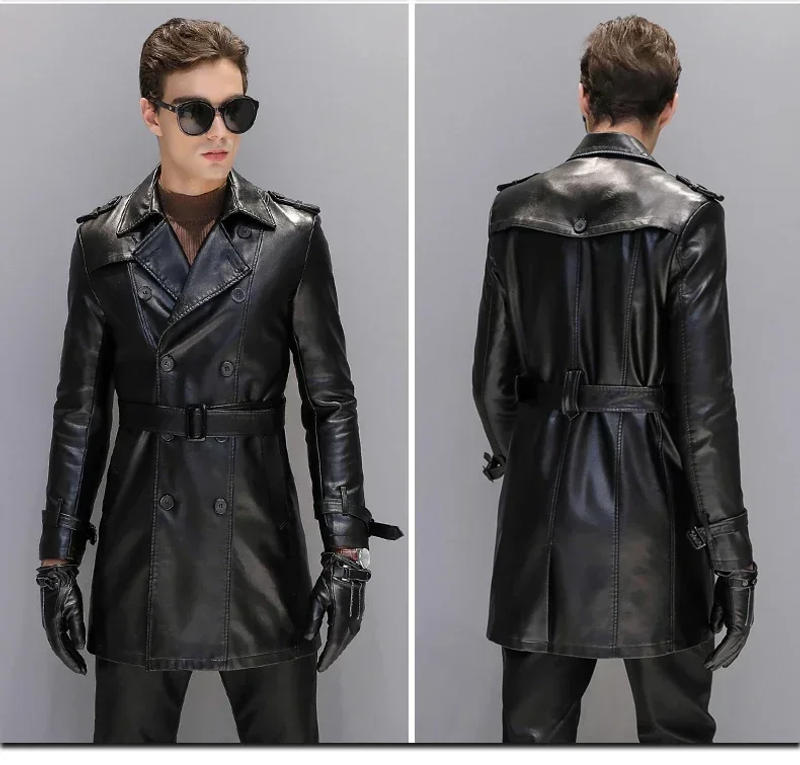 Description Picture 6 of item2024 Autumn Black Faux Leather Trench Coat Men Long Sleeve Belt Double Breasted Brown Plus Size Men Clothing Casual Coats
