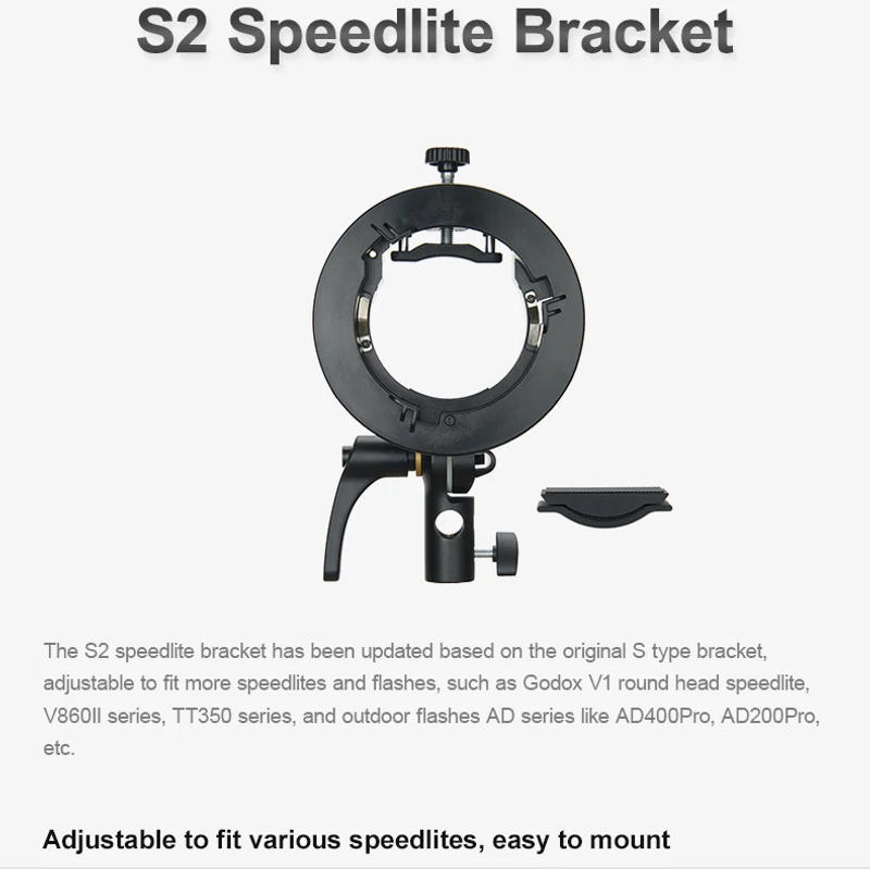 Description Picture 2 of itemGodox S2 Speedlite Bracket S1 Updated S-Type Bowens Flash Holder Mount for Godox V1 V860III AD200 AD400Pro TT600 Snoot Softbox