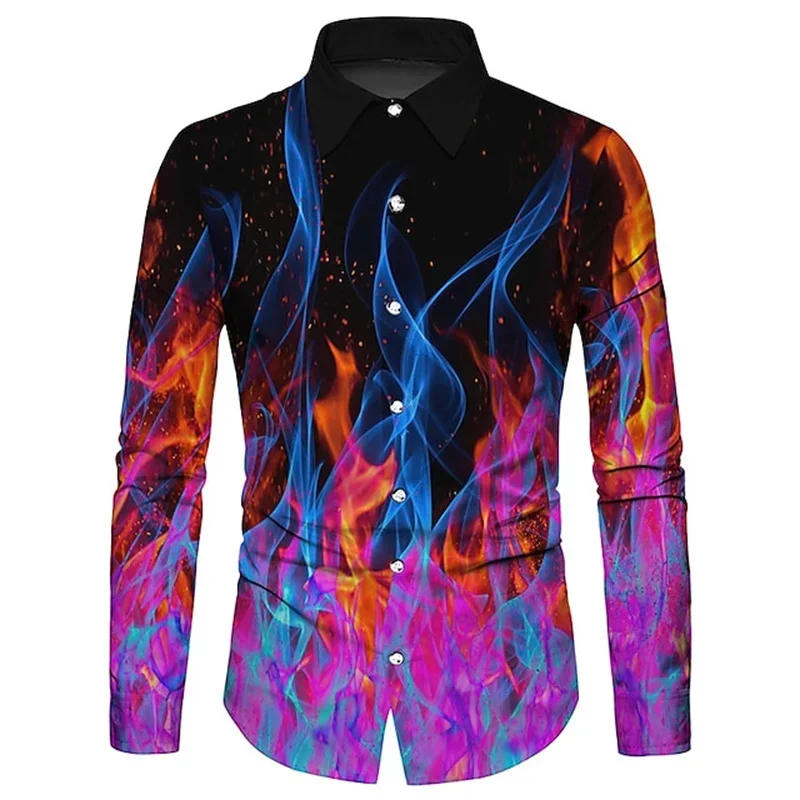 Description Picture 4 of itemFashion Tops Men's Shirt Flame Spark HD Pattern Printing Lapel Outdoor Street Long Sleeve Button Printing Clothing Clothing New