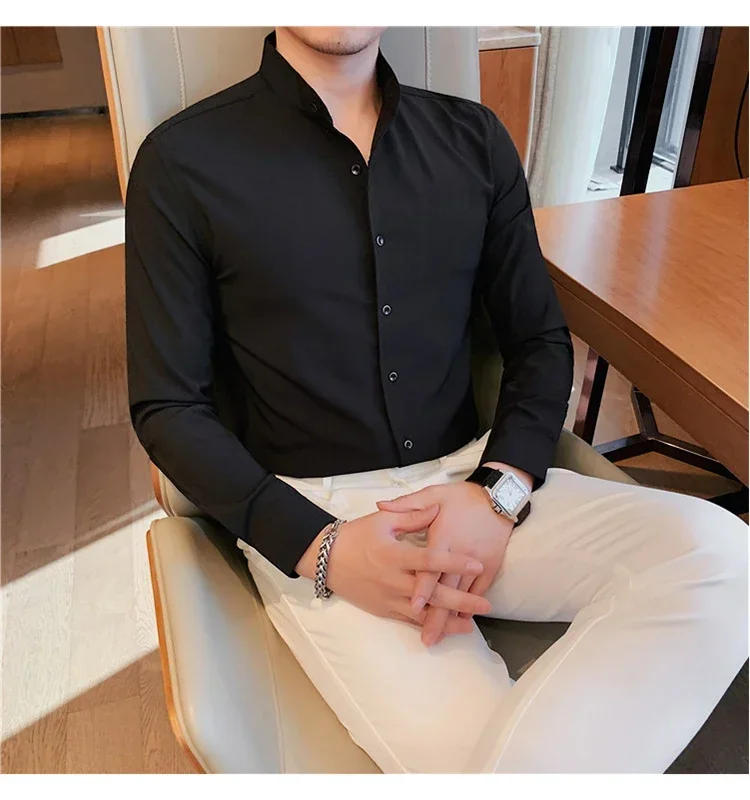 Description Picture 4 of itemMen Long-sleeved Business Formal Social Dress Shirt Fall Pure Stand Collar Party Club Casual Shirt Men's Brand Slim Tuxedo Shirt