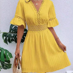 Women Elegant White Midi Dresses New Summer Lace Patchwork Casual Fashion Sexy V Neck Waistband Solid Tunic Party Dress Vacation