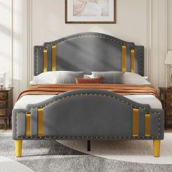 Queen Velvet Bed Frame with Adjustable Headboard, Upholstered Headboard and Footboard, Stable Metal Base & Sturdy Wood Slats