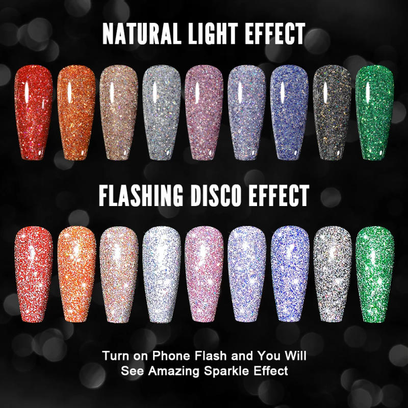 Description Picture 5 of item2024 YOKEFELLOW 10ML Reflective Glitter Gel Nail Polish Set Soak Off UV Nail Supplies Semi Permanent DIY Nail Art Decoration