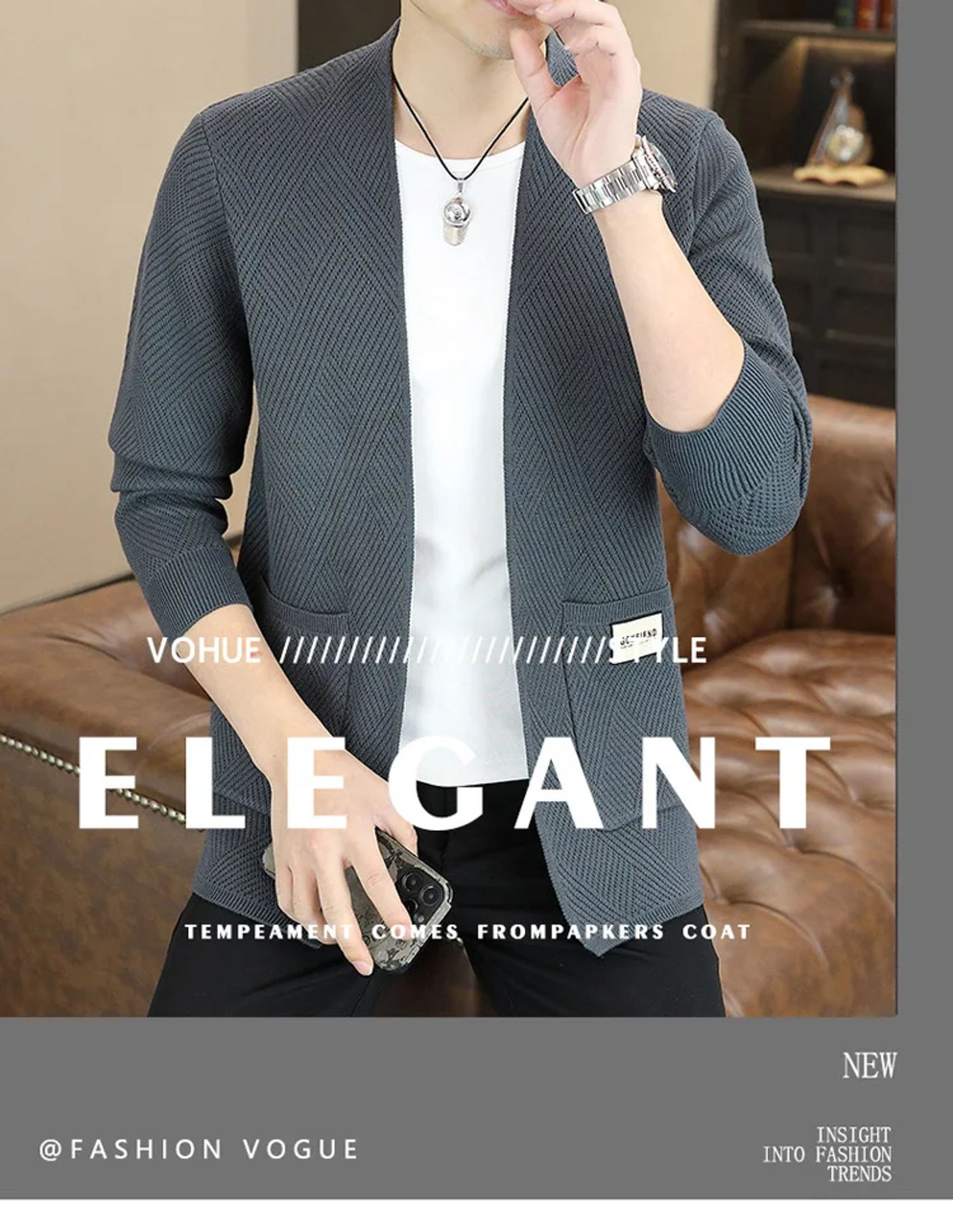 Description Picture 3 of itemSpring Fall Thin Knitwears Men Business Casual Cardigan Korean Style V-neck Hollow Khaki Sweaters Fashion Versatile Sweater Coat