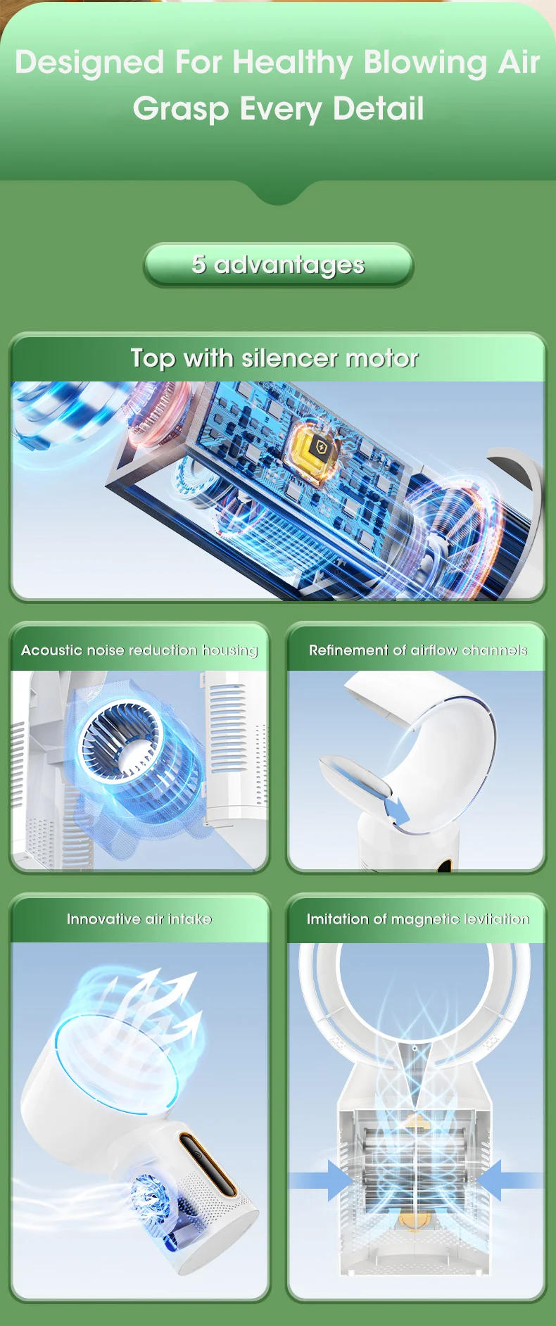 Description Picture 3 of item3000mAh Bladeless Fan Electric Cooling Desk Tower Fans Intelligent Low Noise Stand Floor Fan With 5 Speeds Fan Air Conditioner