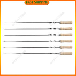 Buy Now 6Pcs 55Cm BBQ Skewers Long Handle Shish Kebab Barbecue Grill Stick Wood BBQ Fork Stainless Steel Outdoors Grill Needle