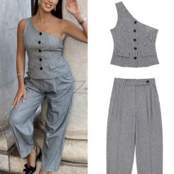 TRAFZA New Fashion Female Sets Summer Casual Women Asymmetrical Vest Sleeveless Short Tank Tops Solid Mid Waist Vintage Pants