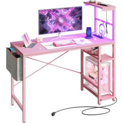 Pink Gaming Desk with Power Outlets, 44 Inch Led Gamer Desk with 4 Tiers Reversible Shelves, Pink Computer Desk