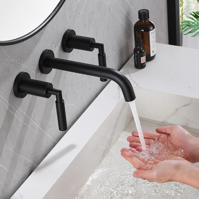 Description Picture 4 of itemBlack Wall Mount Bathroom Faucet Basin Faucet, Wall Mounted Sink Faucet, Dual Handle, Solid Brass 2 Handle Washbasin Faucet