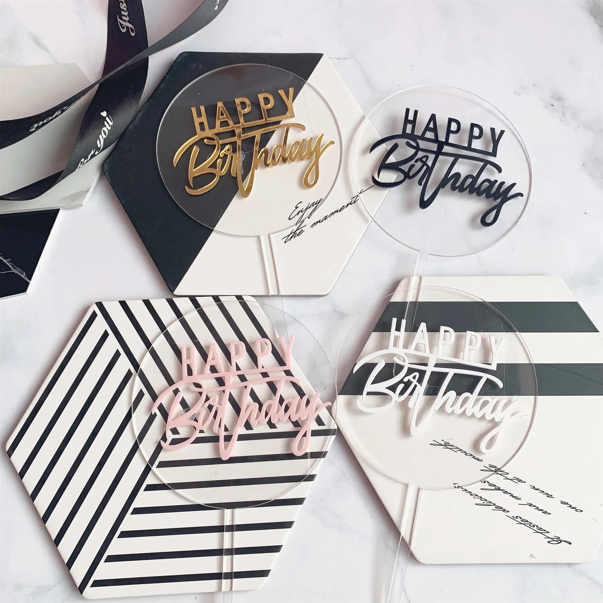 Description Picture 3 of itemHappy Birthday Cake Topper Transparent Double Layer Acrylic Round Birthday Baby Shower Cake Decoration Creative Party Supplies